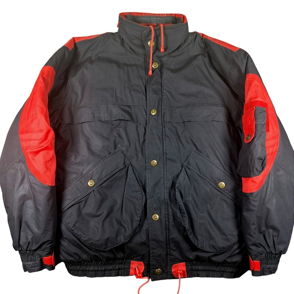 Vintage Weather Breaker Mens XL Black Red Colorblock Hooded Bomber Jacket 1980's